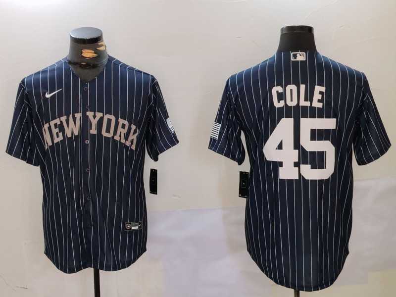 Mens New York Yankees #45 Gerrit Cole Navy Pinstripe Fashion Cool Base Jersey